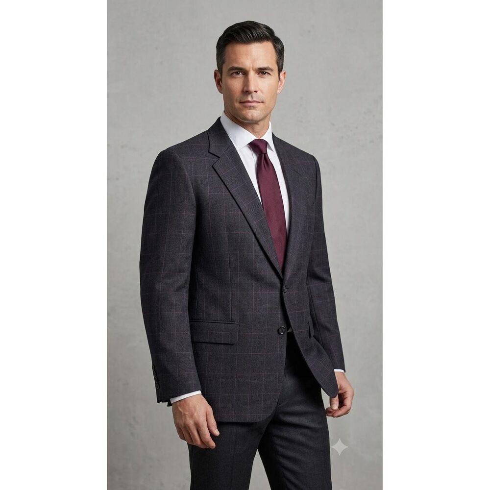 Burberrys Pure Wool Check Suit Jacket Blazer Men's Dark Blue Navy 45